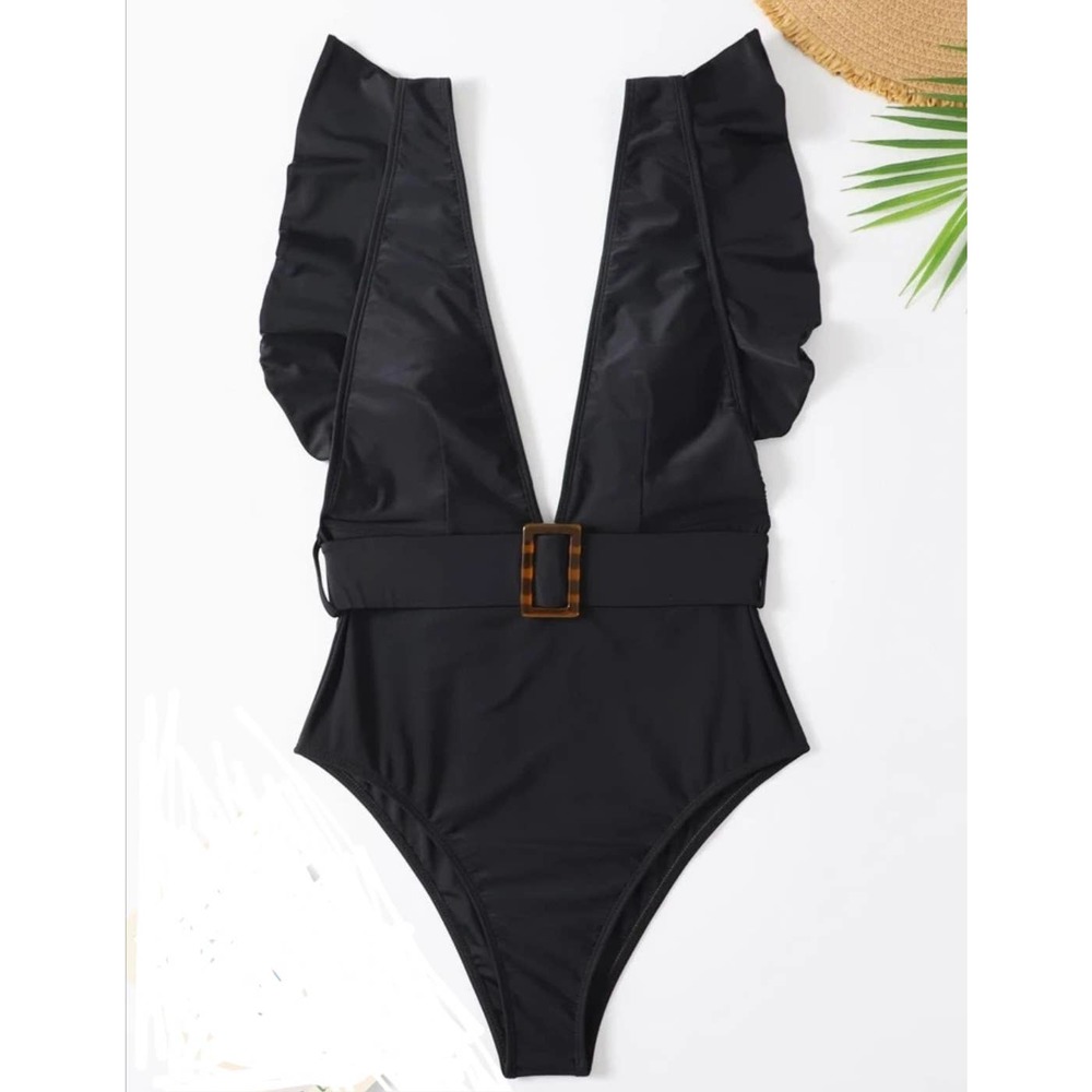 NEW Elegant Black Ruffle Trim Plunging Teddy Belted One Piece Swimsuit Med